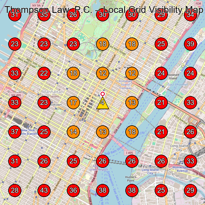Thompson Law, P.C. GeoGrid visibility map for Personal Injury Attorney in New York